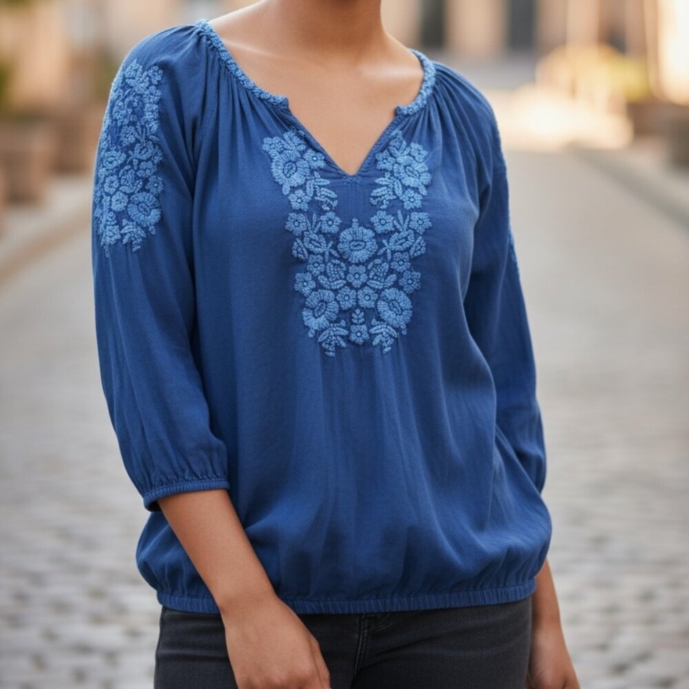 Solitaire‎ 3/4 Sleeve V-Neck Embroidered Peasant Boho Top Sz M Blue #83H